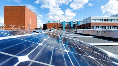 Solar panels on the roof of the Lappeenranta University of Technology. Photo by: Teemu Leinonen, LUT.