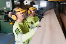 A smiling woman and man wearing work clothes and protective plexiglass and hearing protection on their heads are lifting a plank.