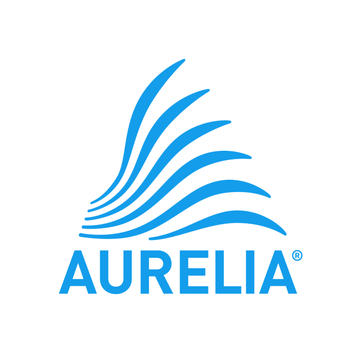 Blue logo with fan-like wave patterns and the text Aurelia below.