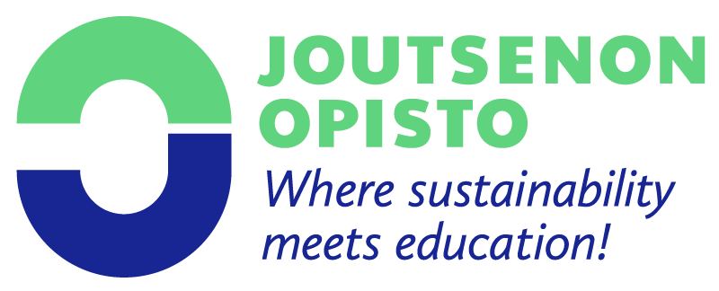 Logo, jossa vihreän-sininen kuvio ja teksti Joutsenon Opisto. Where sustainability meets education!