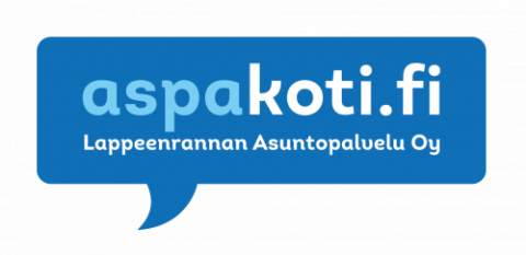 Sininen puhekuplamainen logo, jossa teksti aspakoti.fi Lappeenrannan Asuntopalvelu Oy