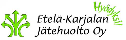 Logo with a green arrow pattern resembling a tree and the text Etelä-Karjalan Jätehuolto Oy in black and the text Hyödyksi in green.